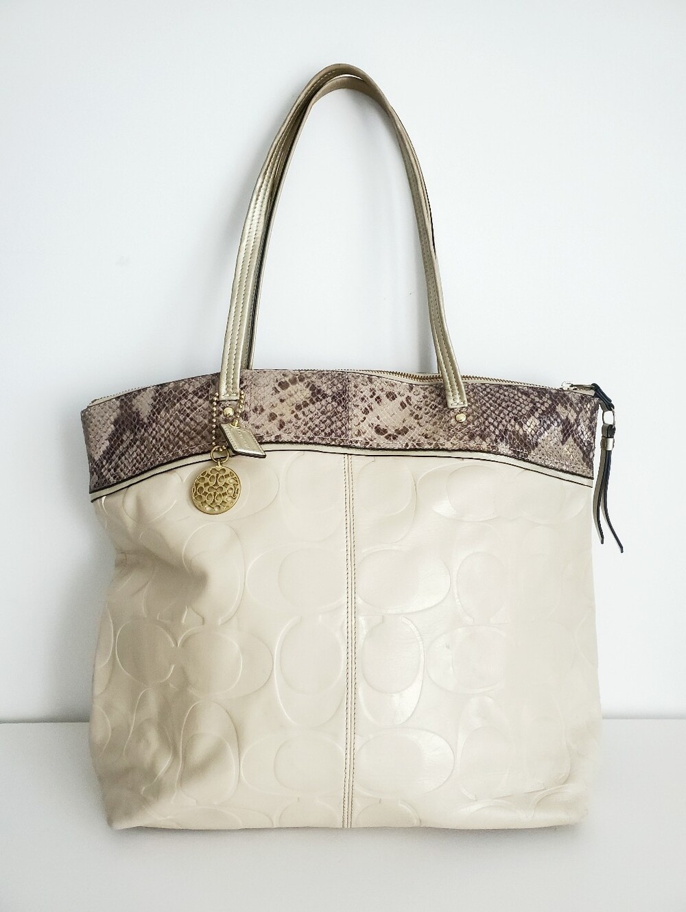 Coach Beige Leather Tote with Snakeskin Trim